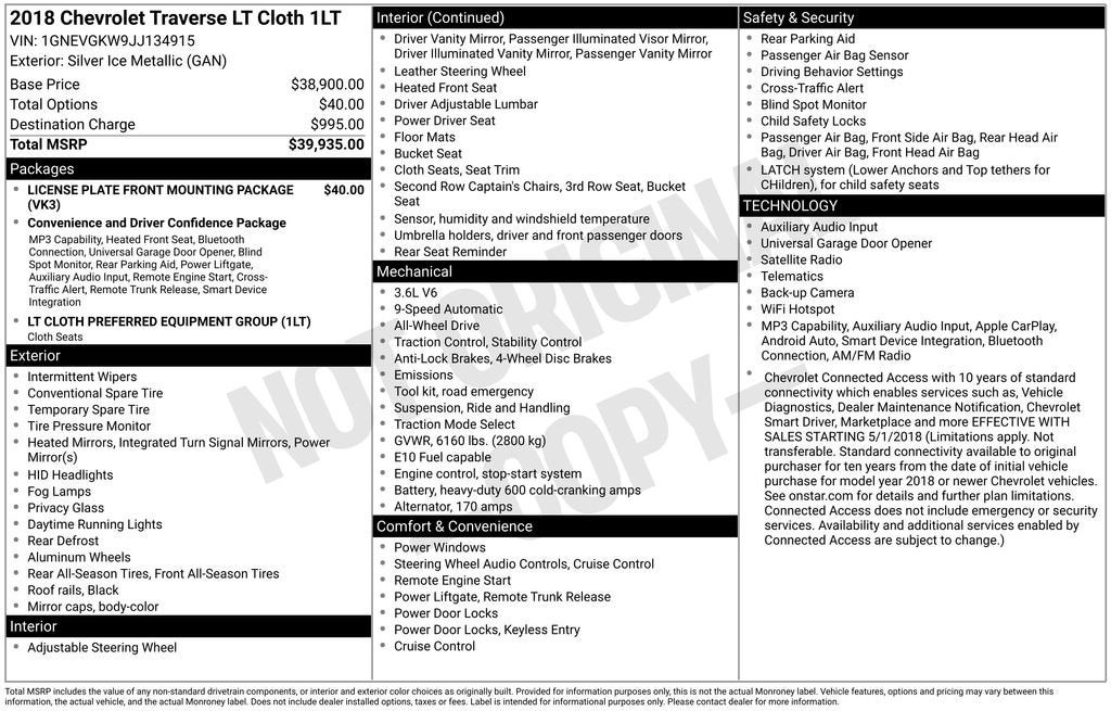 2018 Chevrolet Traverse LT Cloth